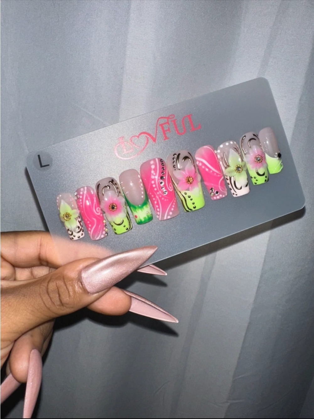 Pink & Neon Green Floral Press-On Nail Set